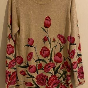 Cathy Daniels Gold Long Sleeve Top with Red Floral Design Size S
